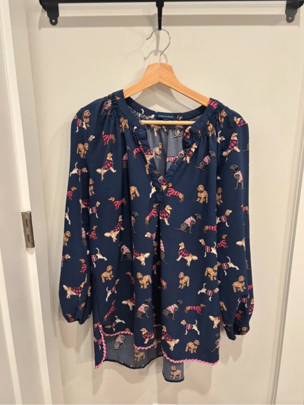 Simply Southern Navy Dog-Print Tie-Neck Peasant Blouse